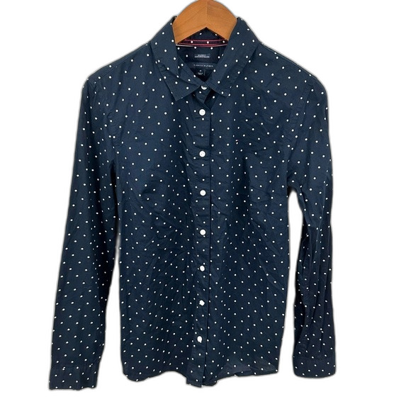 Tommy Hilfiger Navy & White Polka Dot Button-Up Blouse Size Medium - Picture 1 of 14